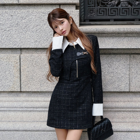 Asymmetry buckle tweed dress